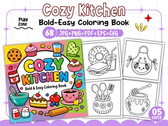 Bold and Easy Cozy Kitchen Coloring Pages & Graphics