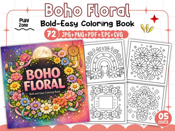 Bold Easy Boho Floral Coloring Pages