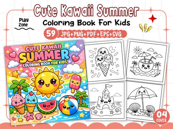 Kids: Cute Kawaii Summer Coloring Pages Graphics